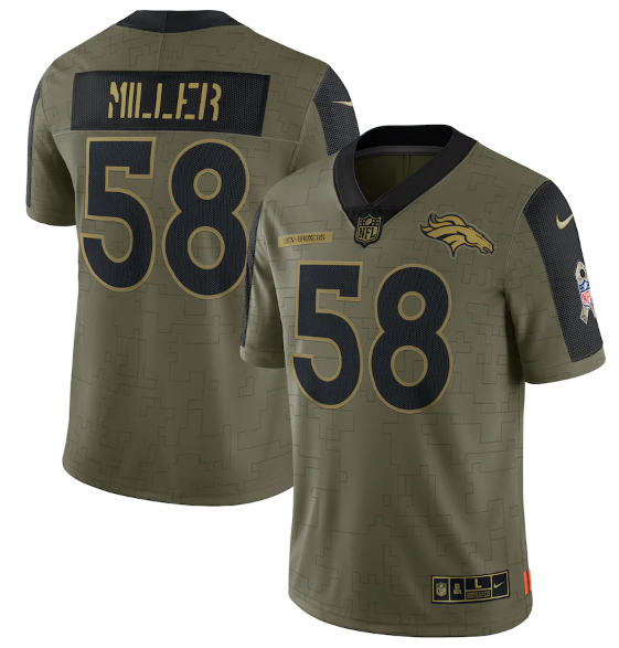 Men's Denver Broncos #58 Von Miller 2021 Olive Salute To Service Limited Stitched Jersey Men's Denver Broncos #58 Von Miller 2021 Olive Salute To Service Limited Stitched Jersey